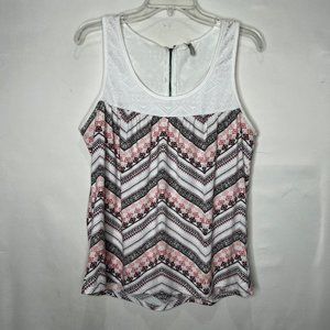 Vanity Women’s Tank Top sz Lg Gray Pink White Chevron Stripe Sleeveless Blouse
